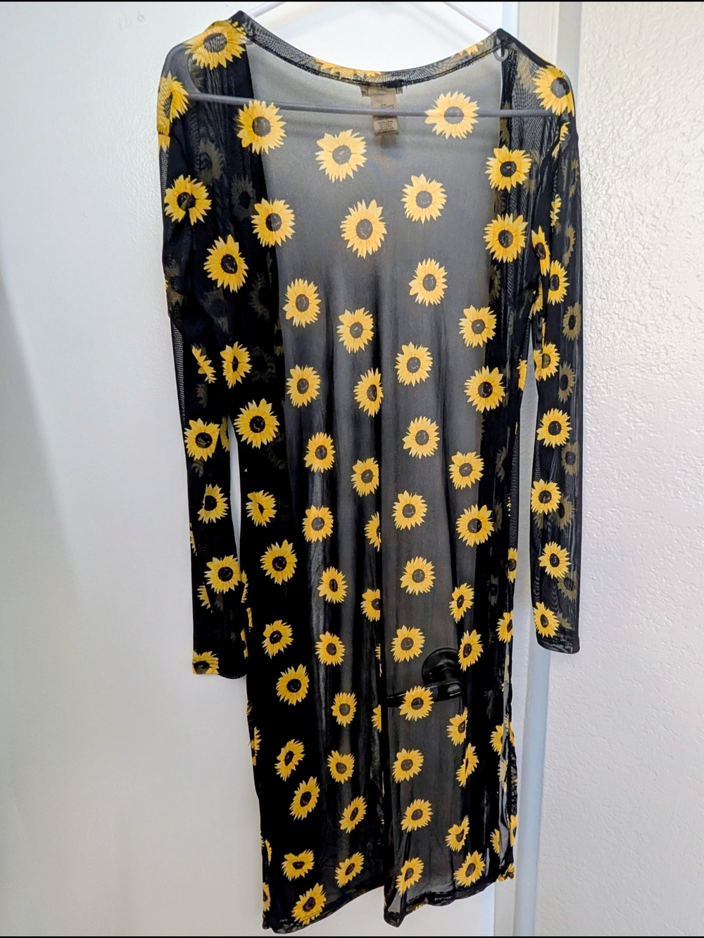 NYC Black Mesh Cardigan with Yellow Sunflower Print